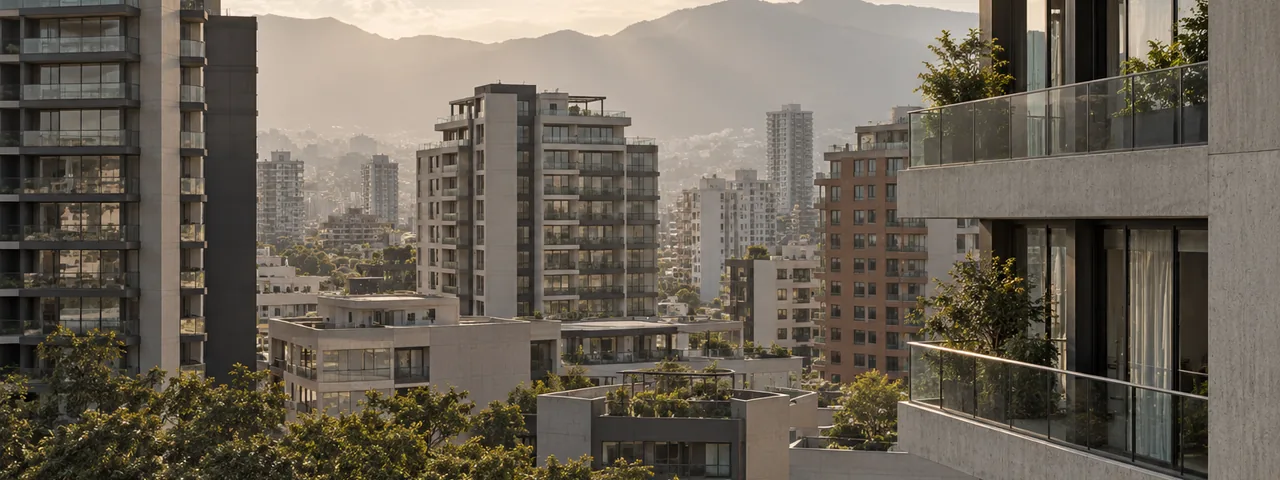 Edificios residenciales con balcones y áreas verdes