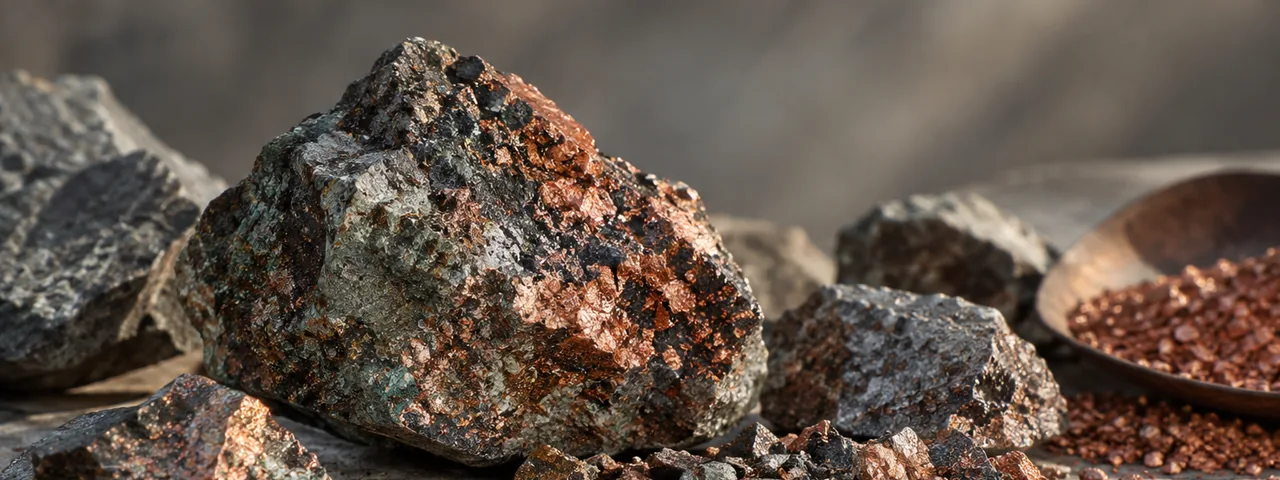 Mineral de cobre y fragmentos sobre una mesa de trabajo